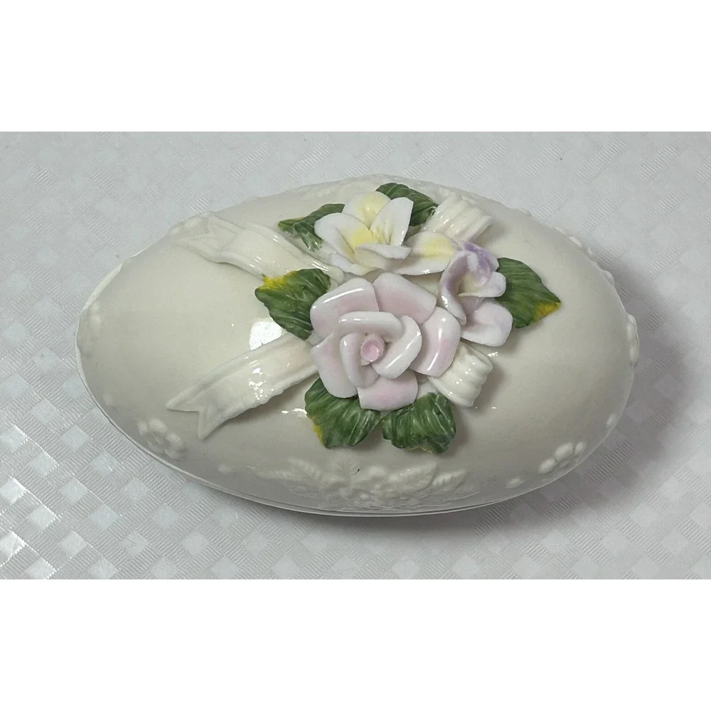 VTG Capodimonte Style Floral Oval Easter Spring Egg Jewelry Trinket Box W/ Lid